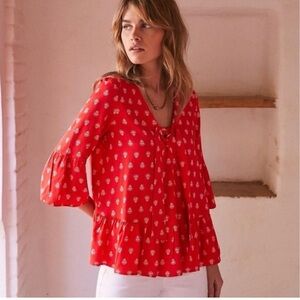 Sezane Anita Tie Front Blouse in Red -         SIZE FR 36 US 4